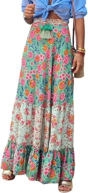 Women's Vintage Boho Floral Print Tiered Elastic High Waist Skirt 2024 Spring Summer A-Line Flowy Swing Maxi Skirts