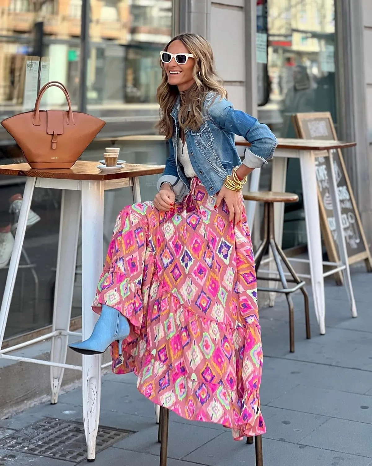 Women's Vintage Boho Floral Print Tiered Elastic High Waist Skirt 2024 Spring Summer A-Line Flowy Swing Maxi Skirts
