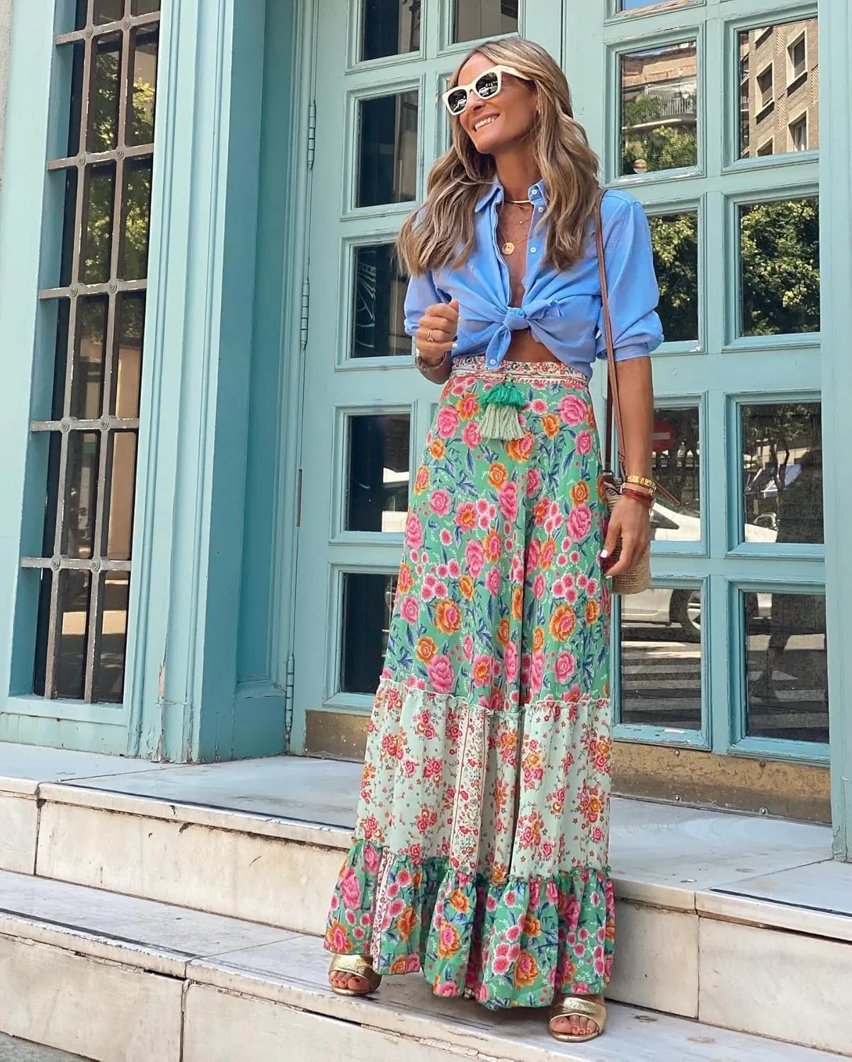 Women's Vintage Boho Floral Print Tiered Elastic High Waist Skirt 2024 Spring Summer A-Line Flowy Swing Maxi Skirts