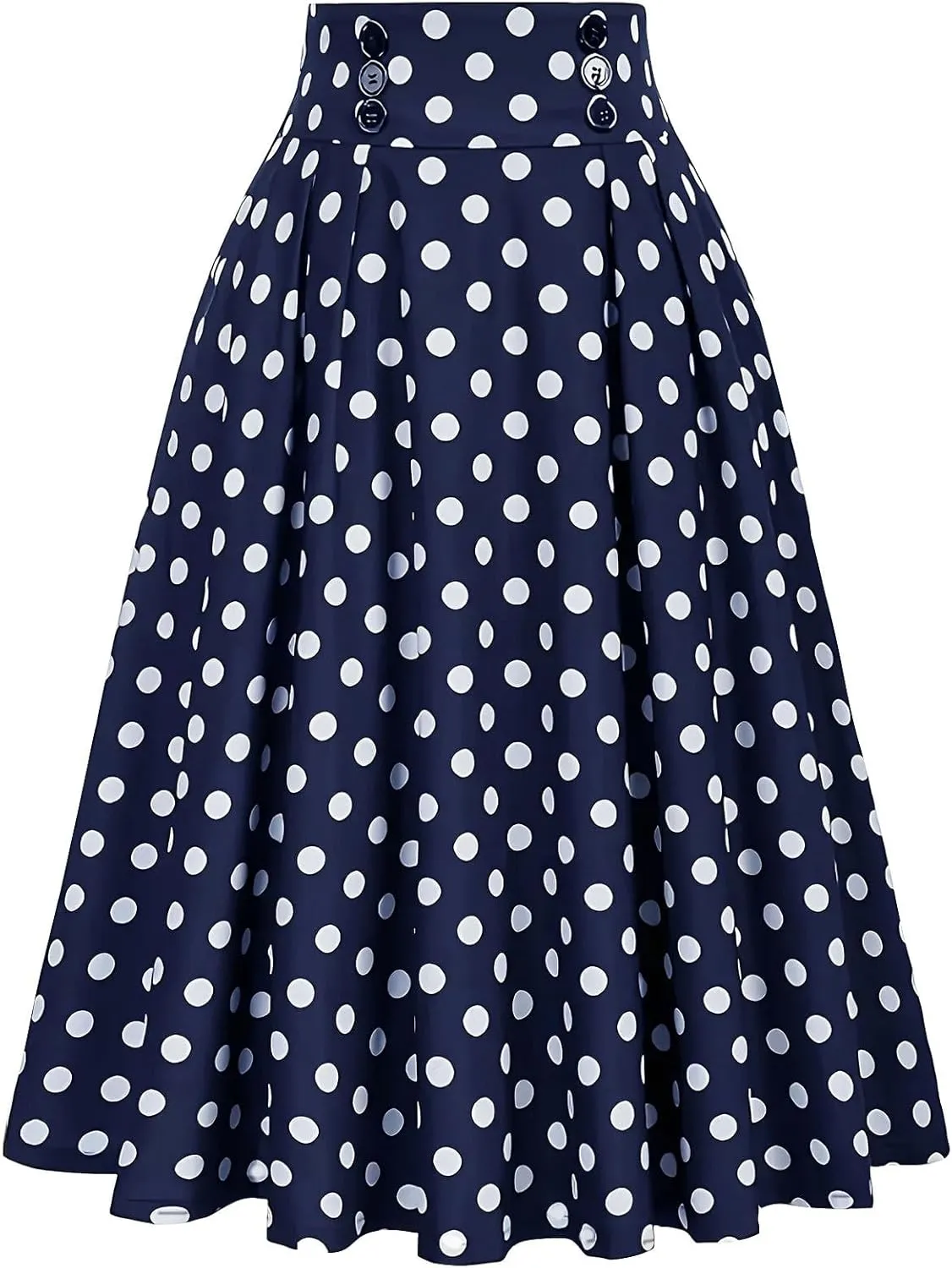 Womens Vintage High Waist Pleated Midi A-Line Skirt Polka Dots Retro 50s Outfit Rockabilly Swing Casual Party Skirts