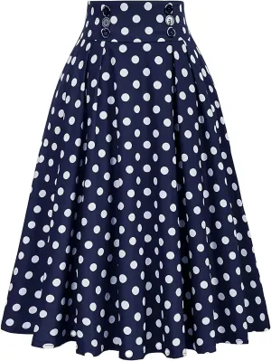 Womens Vintage High Waist Pleated Midi A-Line Skirt Polka Dots Retro 50s Outfit Rockabilly Swing Casual Party Skirts