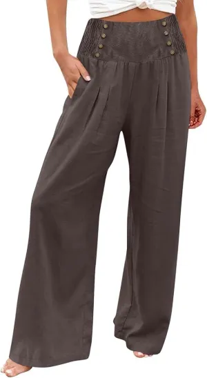 Women's Wide-Leg Cotton and Linen Loose Trousers Summer Boho Palazzo Pants Daily Casual Lounge Beach Travel Pant