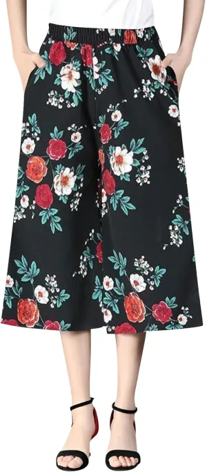 Womens Wide Leg Cropped Pants Plus Size Flowy Loose Fit Capri Pants Summer Floral Printed Elastic High Waisted Beach Trousers