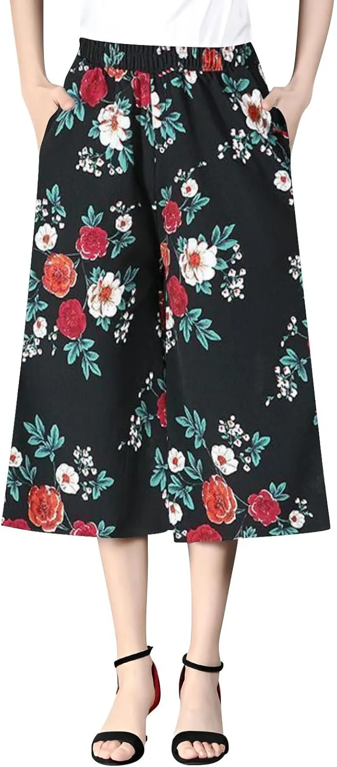 Womens Wide Leg Cropped Pants Plus Size Flowy Loose Fit Capri Pants Summer Floral Printed Elastic High Waisted Beach Trousers