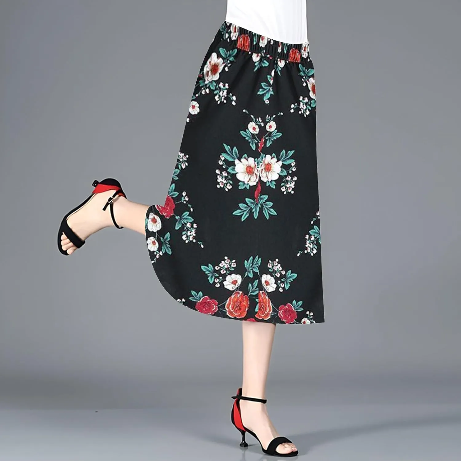 Womens Wide Leg Cropped Pants Plus Size Flowy Loose Fit Capri Pants Summer Floral Printed Elastic High Waisted Beach Trousers