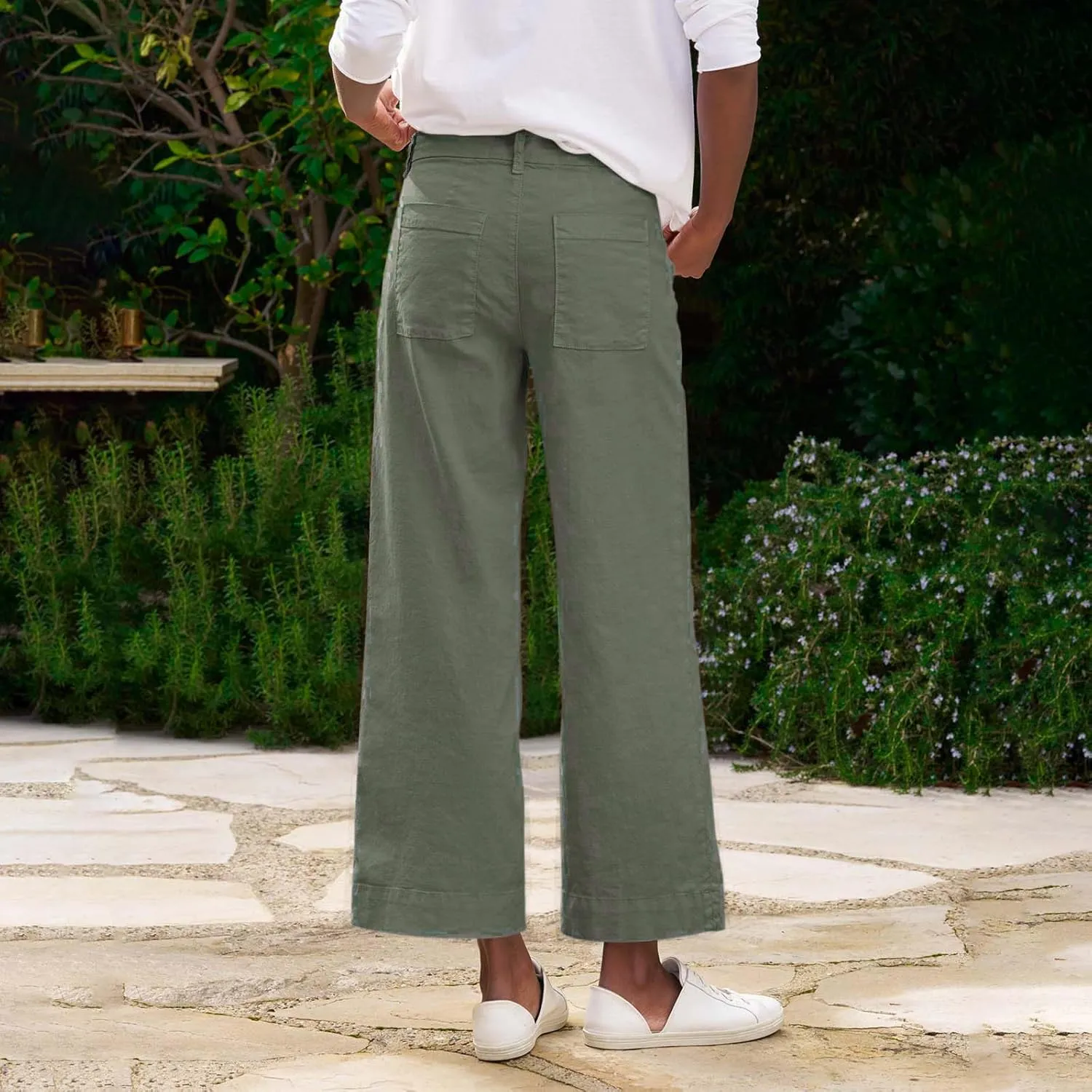 Womens Wide Leg Linen Pants Elastic High Waisted Cropped Pants Summer Business Casual Work Trousers with Pockets