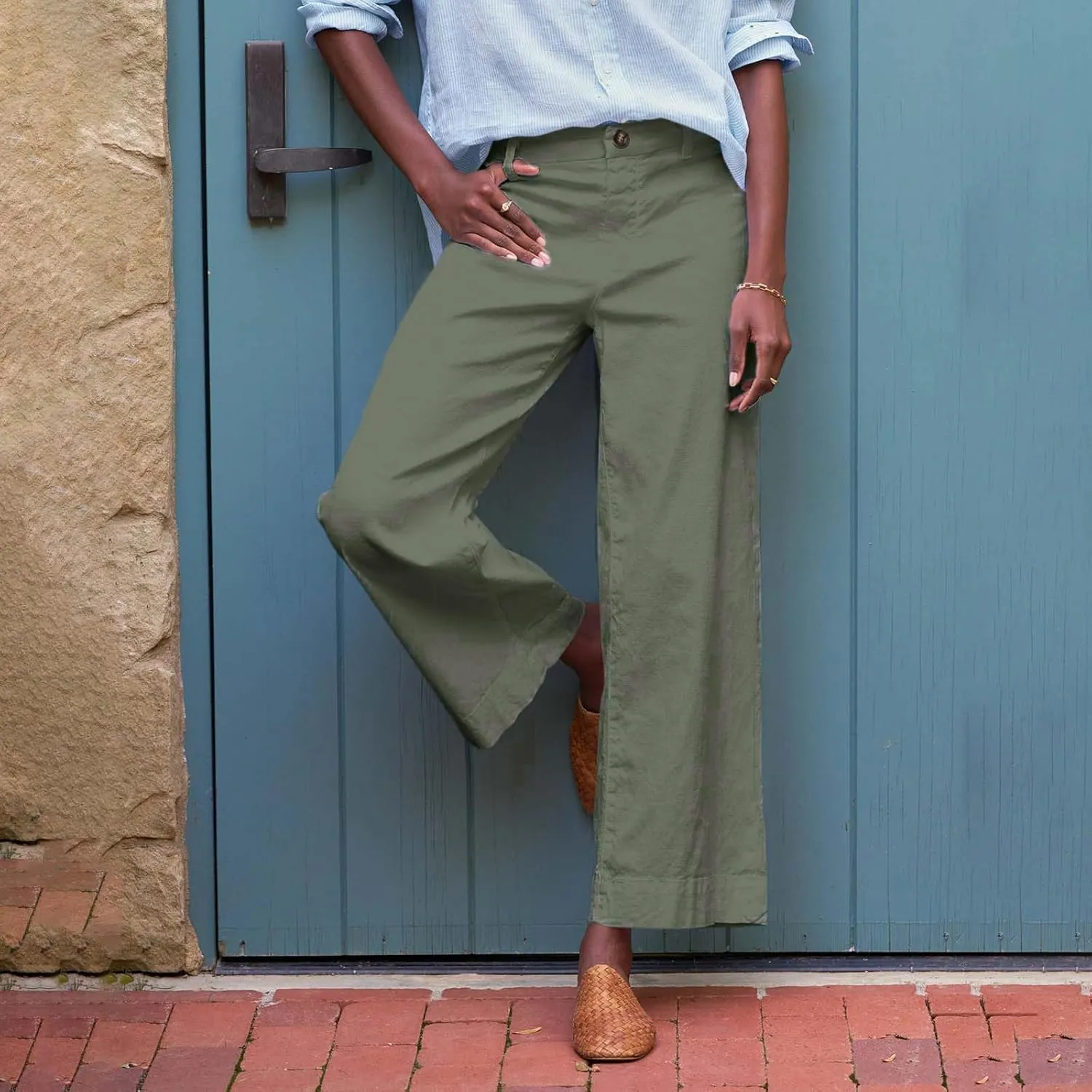 Womens Wide Leg Linen Pants Elastic High Waisted Cropped Pants Summer Business Casual Work Trousers with Pockets