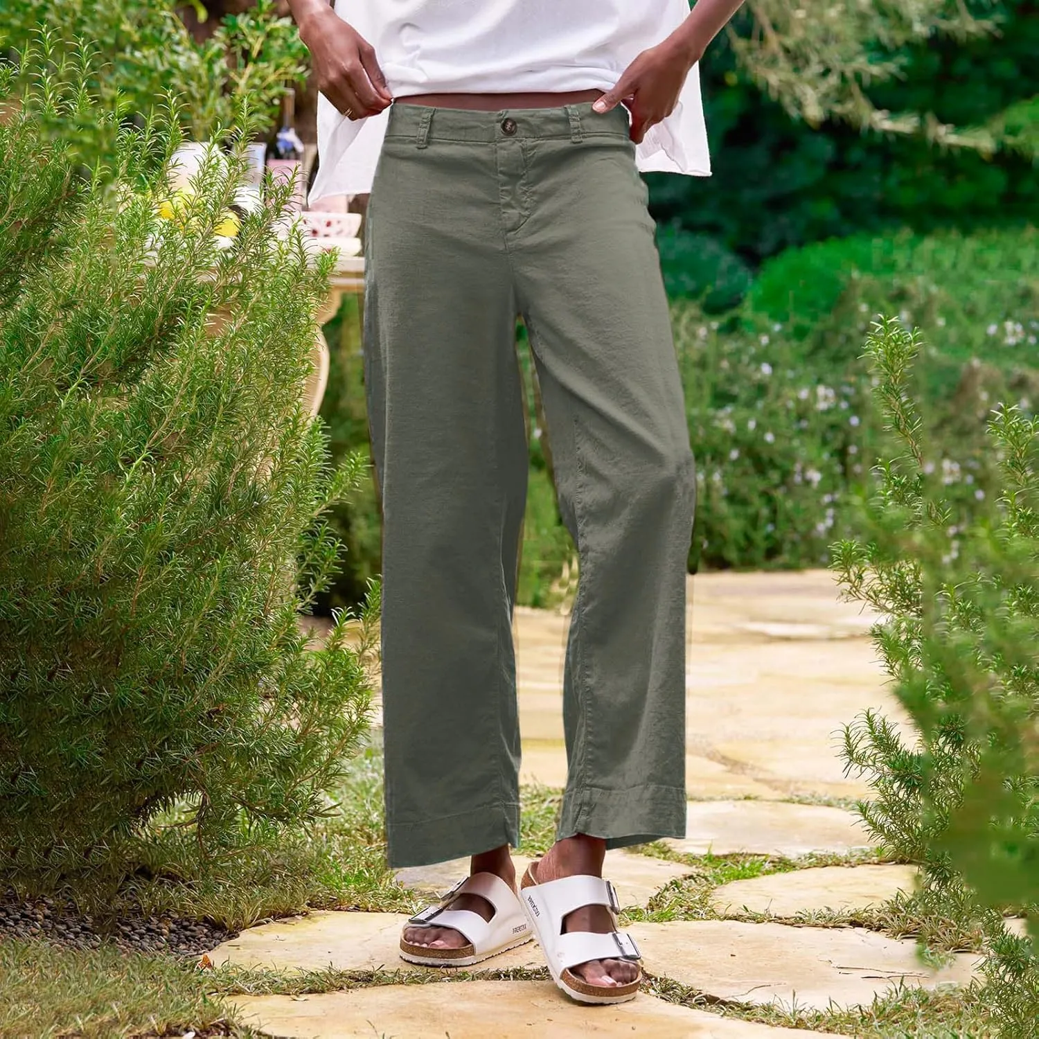 Womens Wide Leg Linen Pants Elastic High Waisted Cropped Pants Summer Business Casual Work Trousers with Pockets