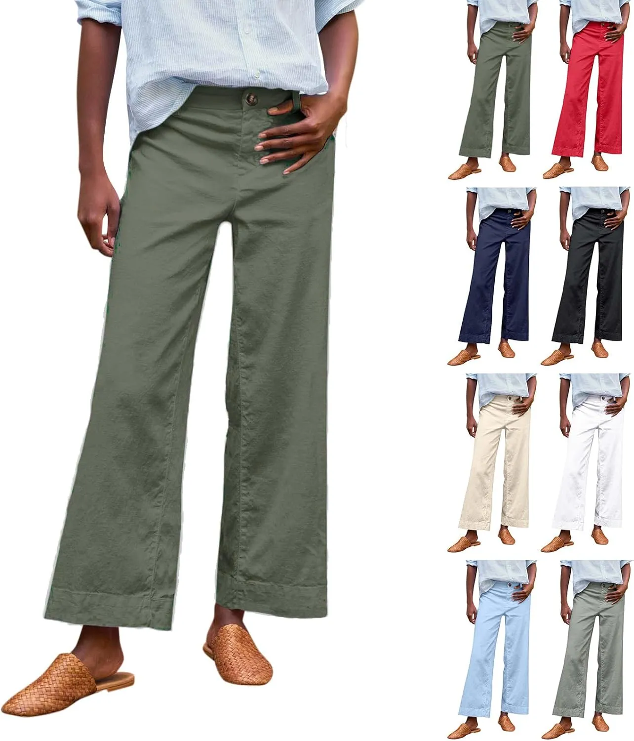 Womens Wide Leg Linen Pants Elastic High Waisted Cropped Pants Summer Business Casual Work Trousers with Pockets
