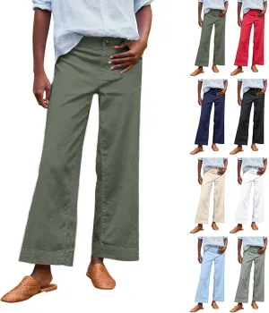 Womens Wide Leg Linen Pants Elastic High Waisted Cropped Pants Summer Business Casual Work Trousers with Pockets