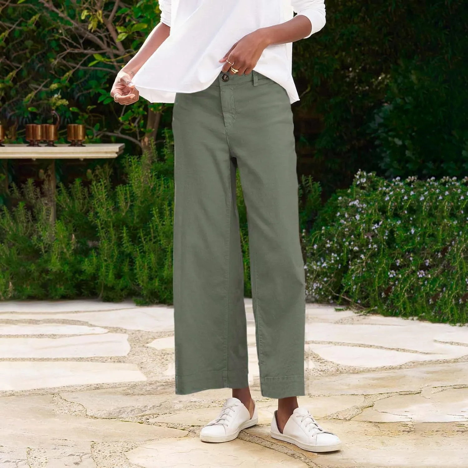 Womens Wide Leg Linen Pants Elastic High Waisted Cropped Pants Summer Business Casual Work Trousers with Pockets