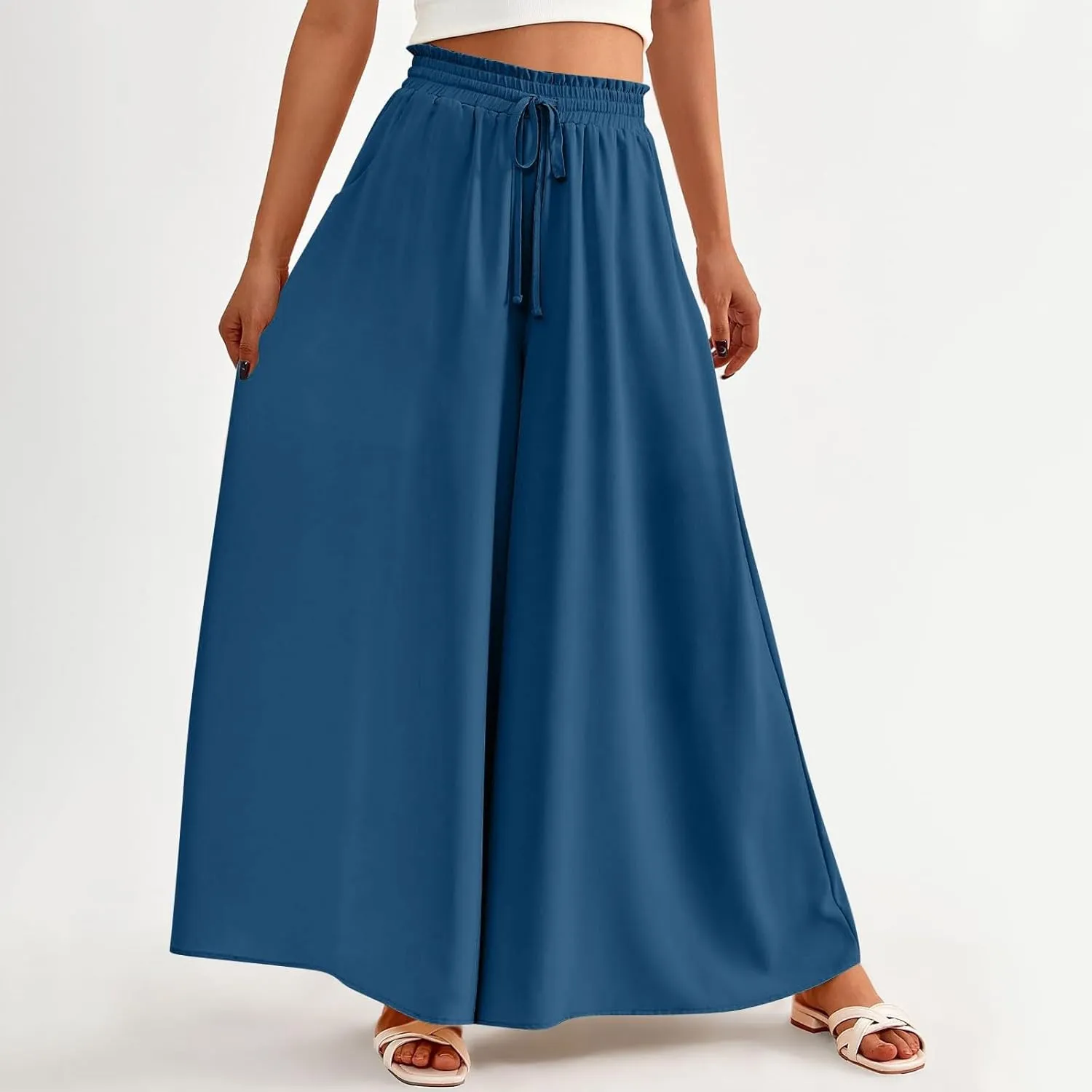 Womens Wide Leg Long Palazzo Pants High Waist Solid Flowy Lounge Pant Beach Vacation Trousers with Pocket