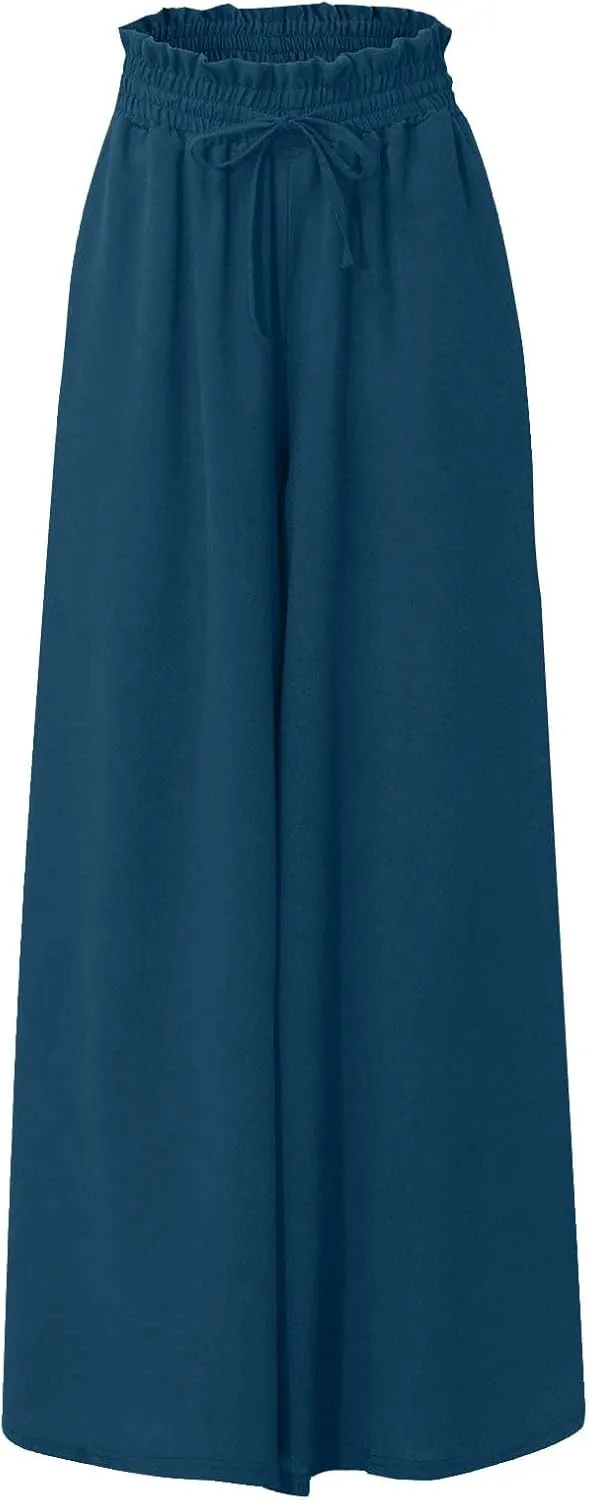 Womens Wide Leg Long Palazzo Pants High Waist Solid Flowy Lounge Pant Beach Vacation Trousers with Pocket