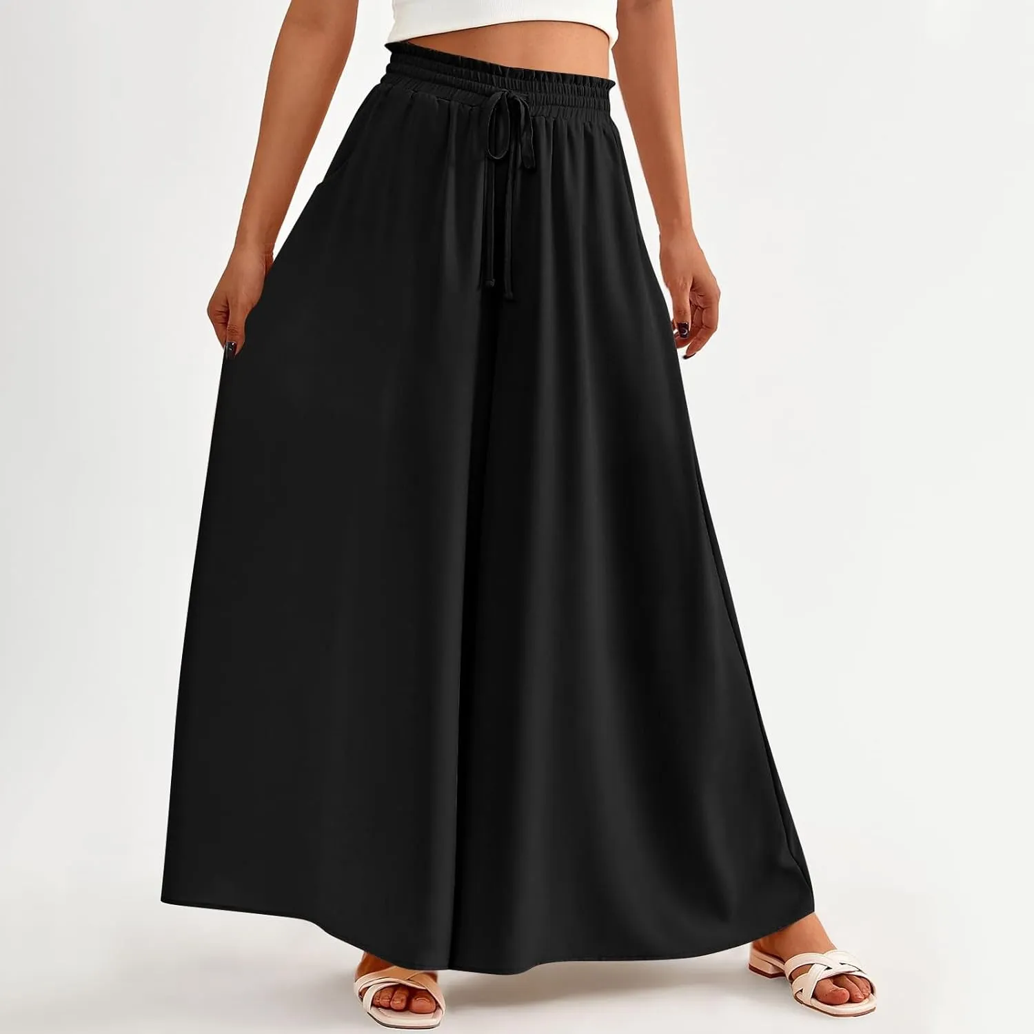 Womens Wide Leg Long Palazzo Pants High Waist Solid Flowy Lounge Pant Beach Vacation Trousers with Pocket
