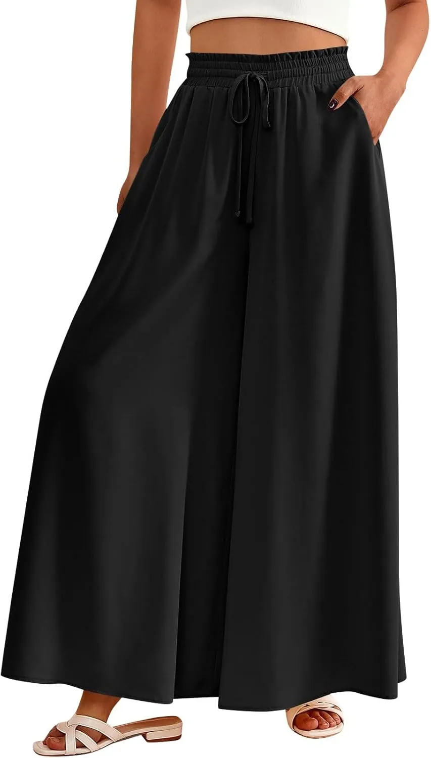 Womens Wide Leg Long Palazzo Pants High Waist Solid Flowy Lounge Pant Beach Vacation Trousers with Pocket