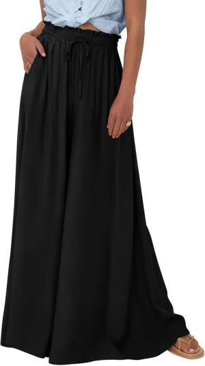 Womens Wide Leg Long Palazzo Pants High Waist Solid Flowy Lounge Pant Beach Vacation Trousers with Pocket
