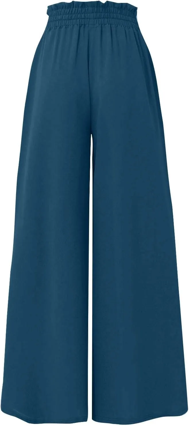 Womens Wide Leg Long Palazzo Pants High Waist Solid Flowy Lounge Pant Beach Vacation Trousers with Pocket