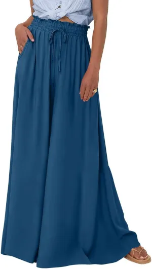 Womens Wide Leg Long Palazzo Pants High Waist Solid Flowy Lounge Pant Beach Vacation Trousers with Pocket