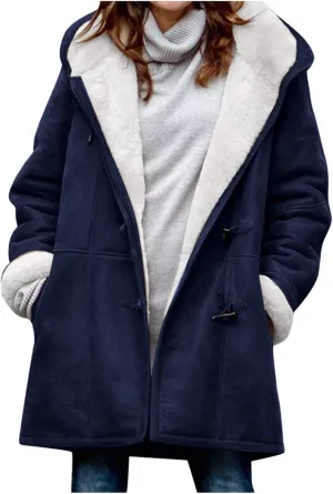 Women's Winter Down Jacket Warm Plush Hoodies Horn Button Coat Plus Size Wool Jacket Velvet Outerwear