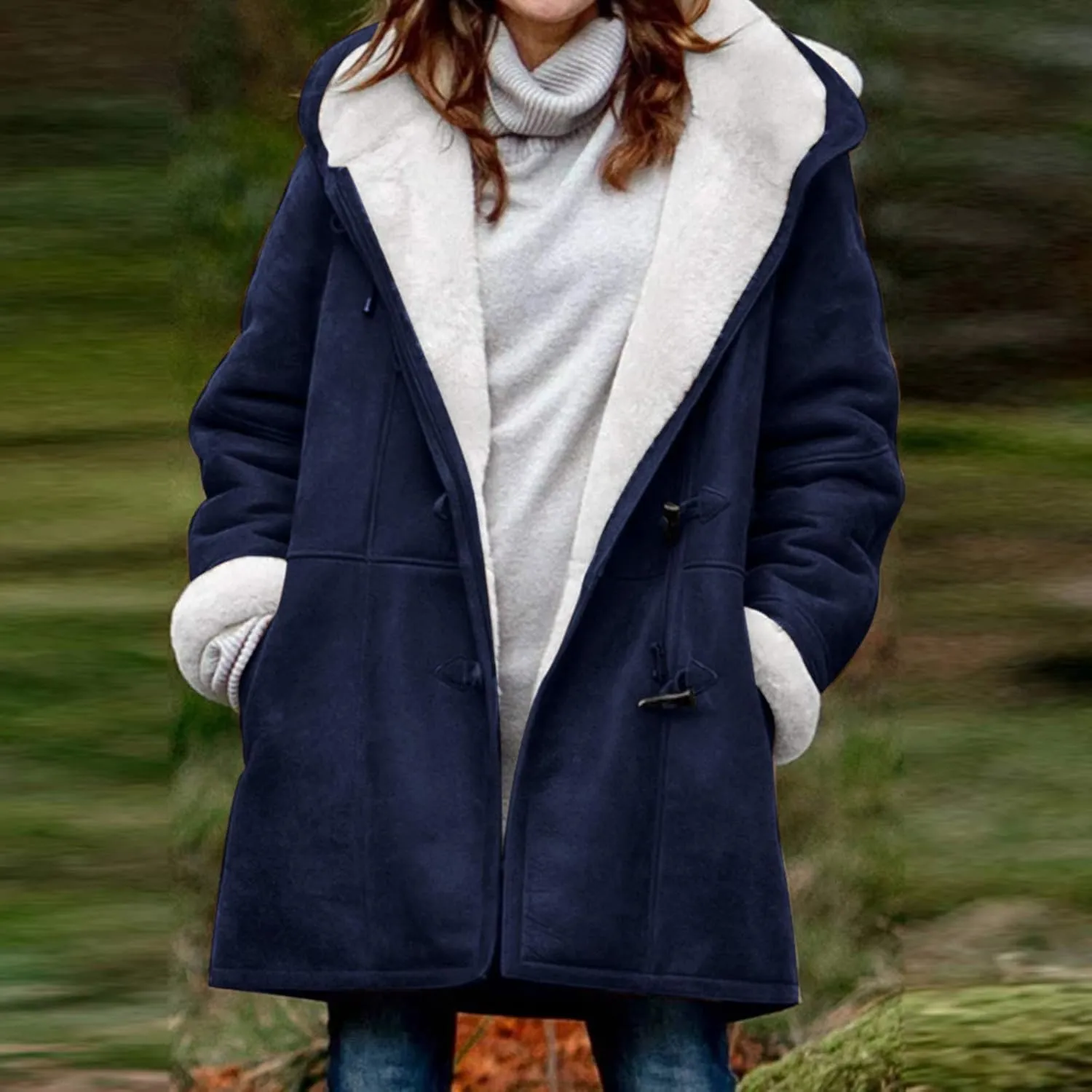 Women's Winter Down Jacket Warm Plush Hoodies Horn Button Coat Plus Size Wool Jacket Velvet Outerwear