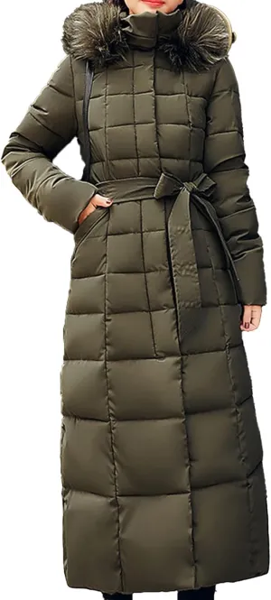 Women's Winter Long Puffer Coat Long Sleeve Maxi Down Parka Jacket with Fur Hood Slim Fit Warm Thicken Outwear