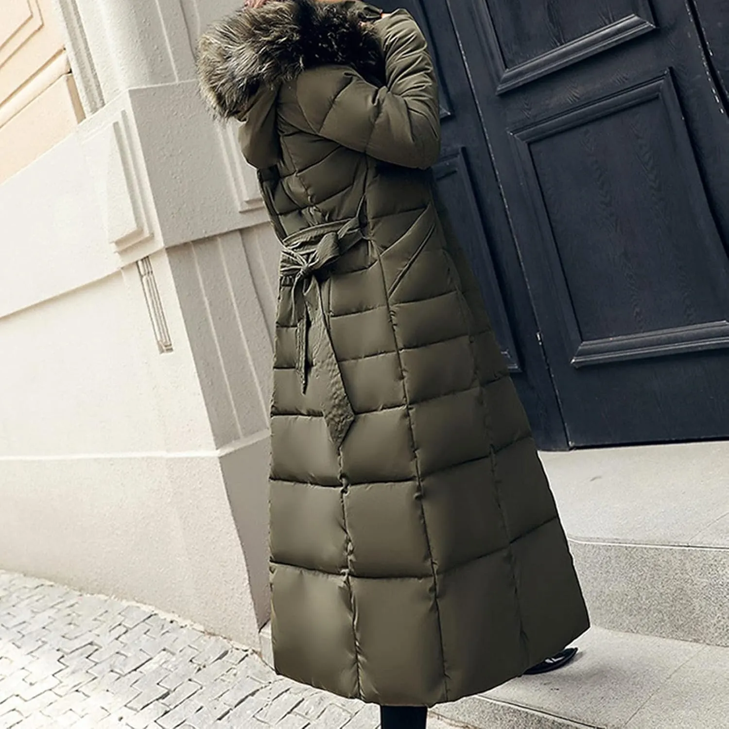 Women's Winter Long Puffer Coat Long Sleeve Maxi Down Parka Jacket with Fur Hood Slim Fit Warm Thicken Outwear