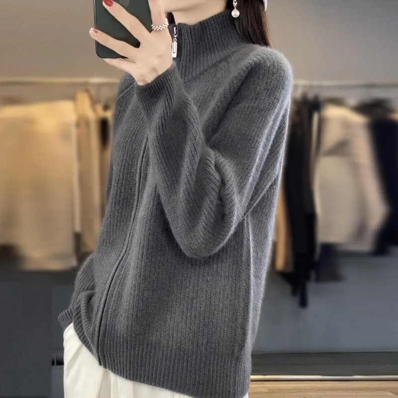 Women's Wool Knitting Sweater Turtleneck Zipper Cardigan, Full Zip Mock Neck Thick Warm Wool Sweater for Women