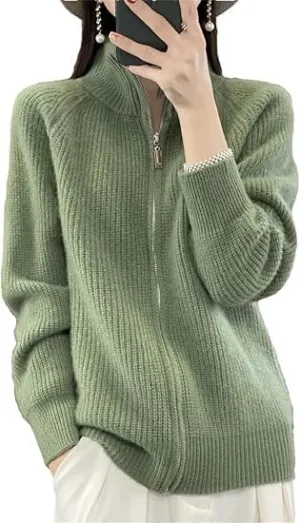 Women's Wool Knitting Sweater Turtleneck Zipper Cardigan, Full Zip Mock Neck Thick Warm Wool Sweater for Women