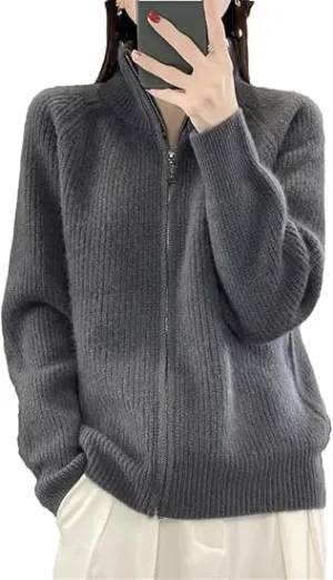 Women's Wool Knitting Sweater Turtleneck Zipper Cardigan, Full Zip Mock Neck Thick Warm Wool Sweater for Women