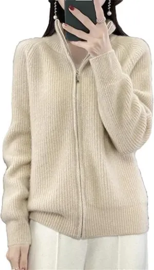 Women's Wool Knitting Sweater Turtleneck Zipper Cardigan, Full Zip Mock Neck Thick Warm Wool Sweater for Women