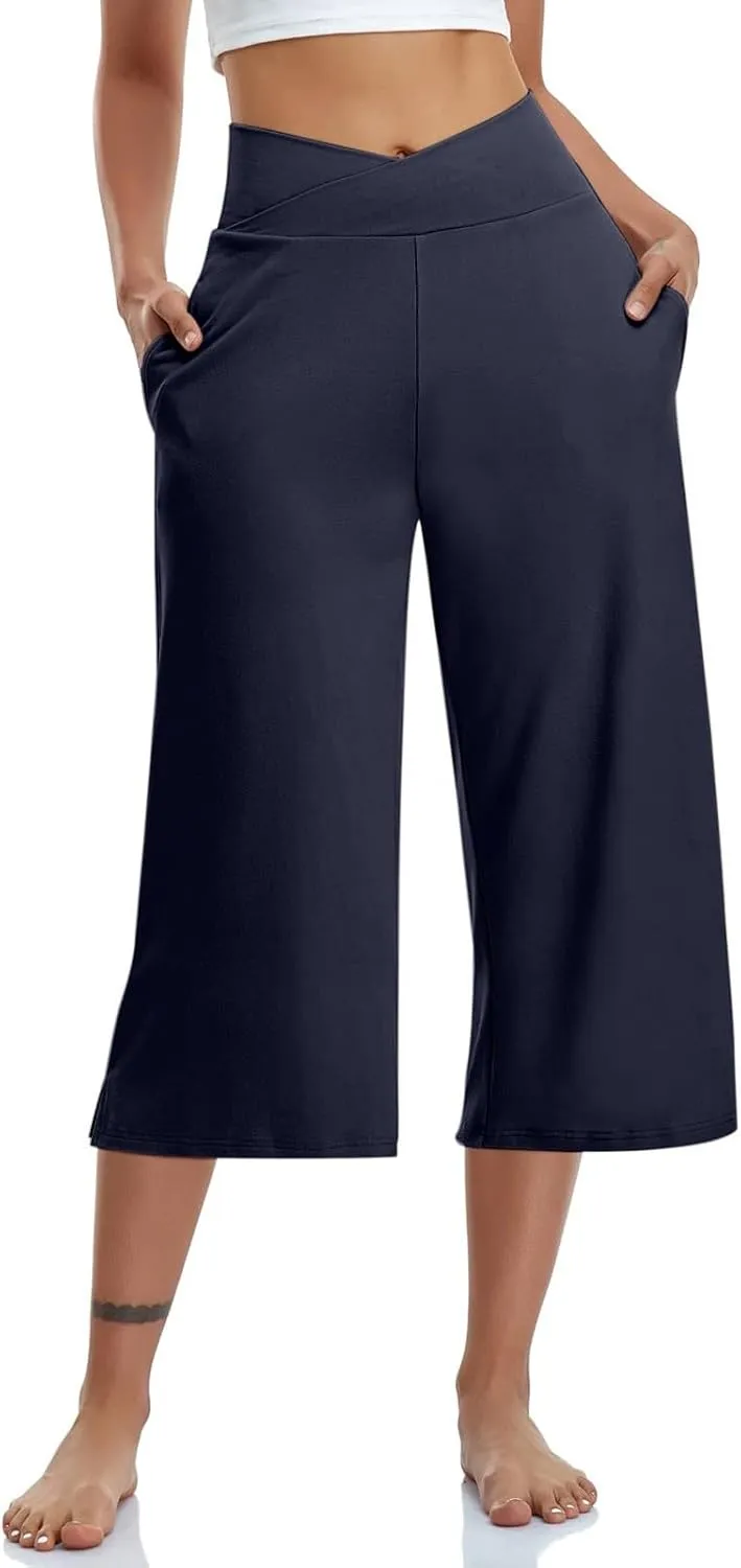 Women's Yoga Capris Pants | High Waist Leggings Crop Straight Leg Athletic Exercise Workout Shorts