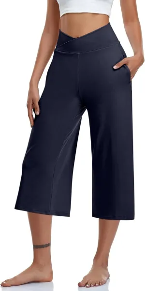 Women's Yoga Capris Pants | High Waist Leggings Crop Straight Leg Athletic Exercise Workout Shorts