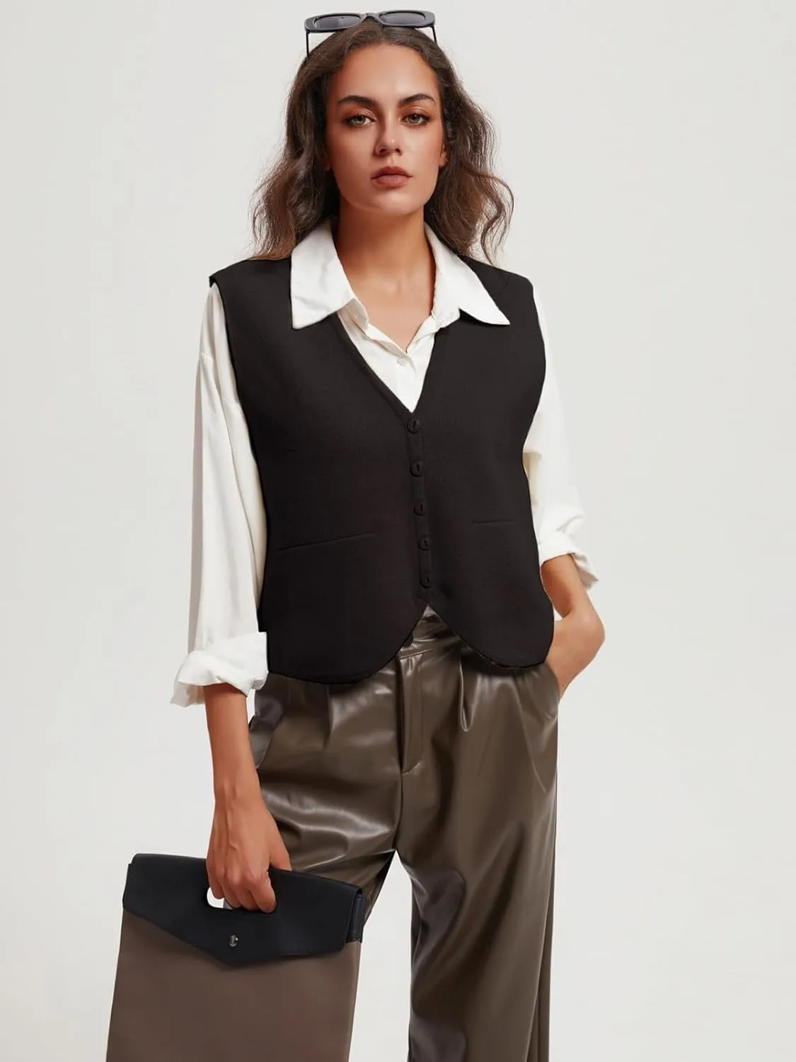 Wowcarbazole Women's Cropped Sweater Vest Sleeveless V Neck Button Down Casual Knit Cardigan Vest Trendy Knitted Tank Tops
