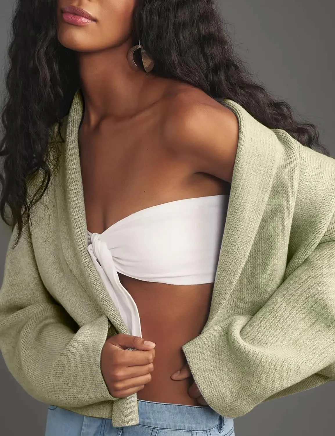 Wyeysyt Womens Cropped Cardigan Sweater Oversized Lapel Shawl Coatigan Chunky Knit Long Sleeve Sweater