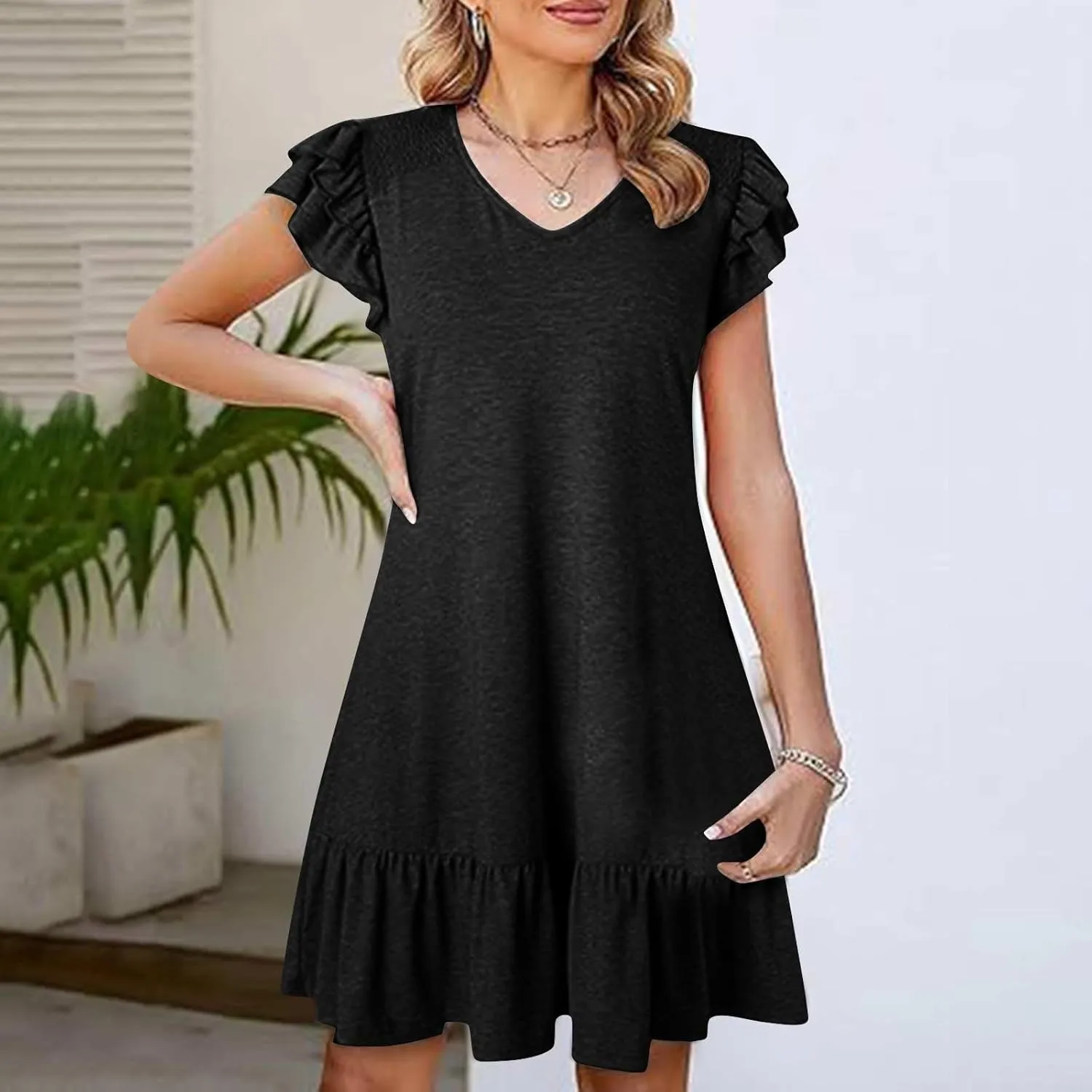 XUNRYAN Women's Summer Dresses Ruffle Short Sleeve Smocked V Neck Shirt Dress Casual Loose A-Line Swing Mini Dress Sundress