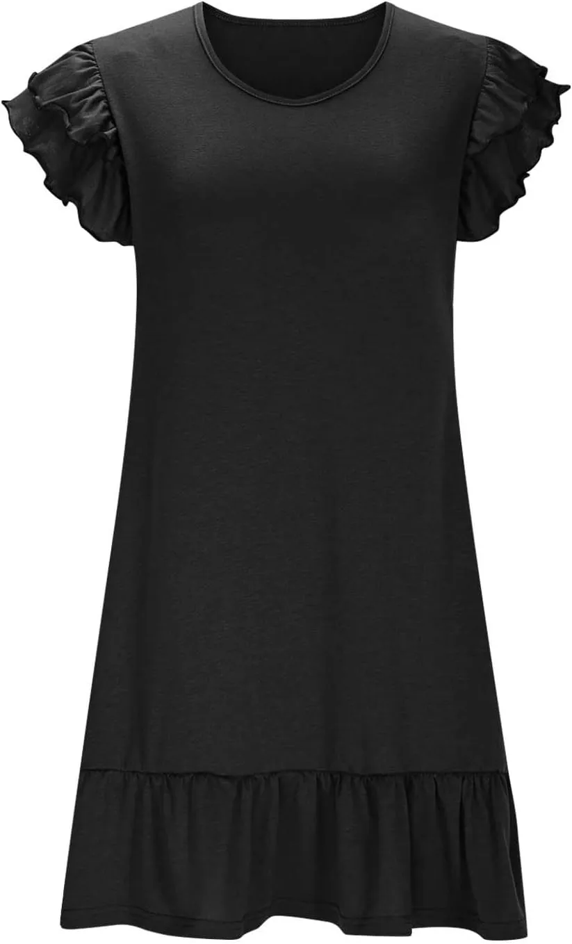 XUNRYAN Women's Summer Dresses Ruffle Short Sleeve Smocked V Neck Shirt Dress Casual Loose A-Line Swing Mini Dress Sundress