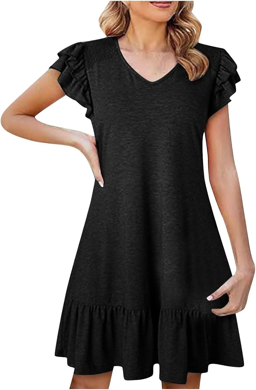 XUNRYAN Women's Summer Dresses Ruffle Short Sleeve Smocked V Neck Shirt Dress Casual Loose A-Line Swing Mini Dress Sundress