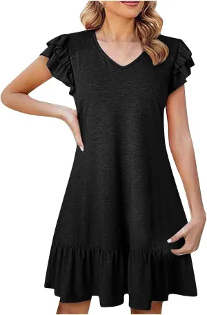 XUNRYAN Women's Summer Dresses Ruffle Short Sleeve Smocked V Neck Shirt Dress Casual Loose A-Line Swing Mini Dress Sundress