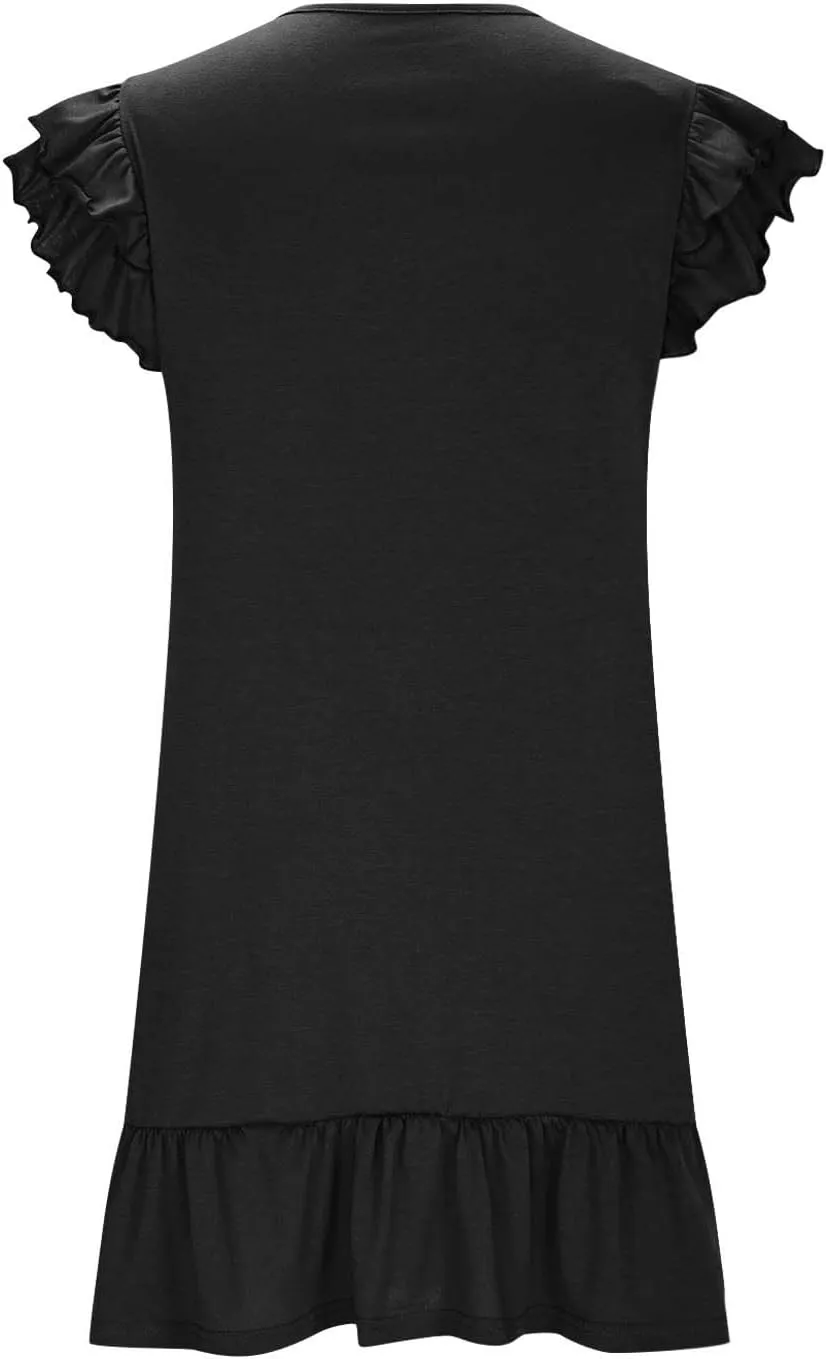 XUNRYAN Women's Summer Dresses Ruffle Short Sleeve Smocked V Neck Shirt Dress Casual Loose A-Line Swing Mini Dress Sundress