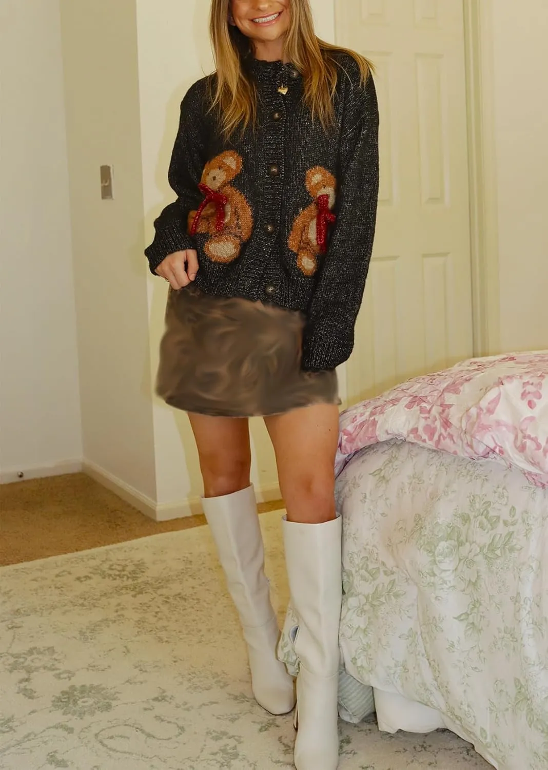 Y2k Knit Cardigans for Women Cute Bear Bow Long Sleeve Crewneck Sweater Button Down Casual Fall Tops Knitwear