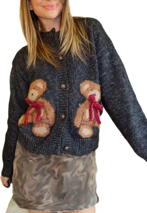 Y2k Knit Cardigans for Women Cute Bear Bow Long Sleeve Crewneck Sweater Button Down Casual Fall Tops Knitwear