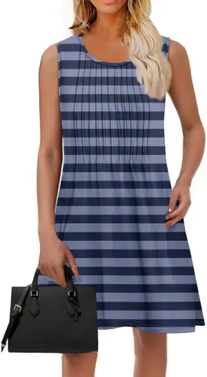Yesunpxs Women Summer Dresses Loose Crew Neck Dress Casual Print Pleated Tank Dress Beach Sleeveless Sundresses with Pockets