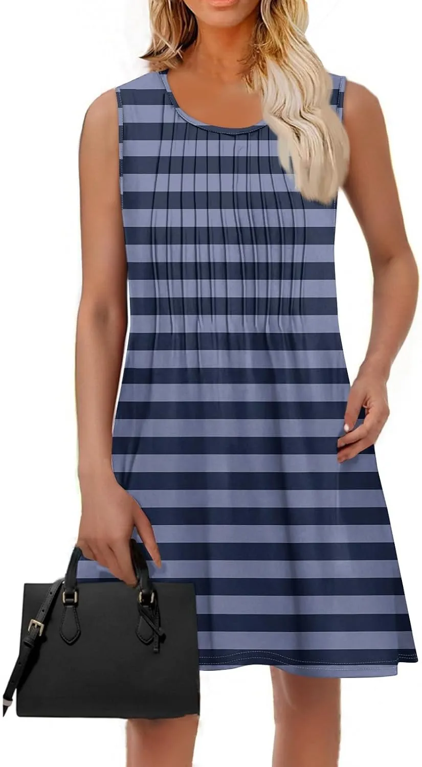 Yesunpxs Women Summer Dresses Loose Crew Neck Dress Casual Print Pleated Tank Dress Beach Sleeveless Sundresses with Pockets