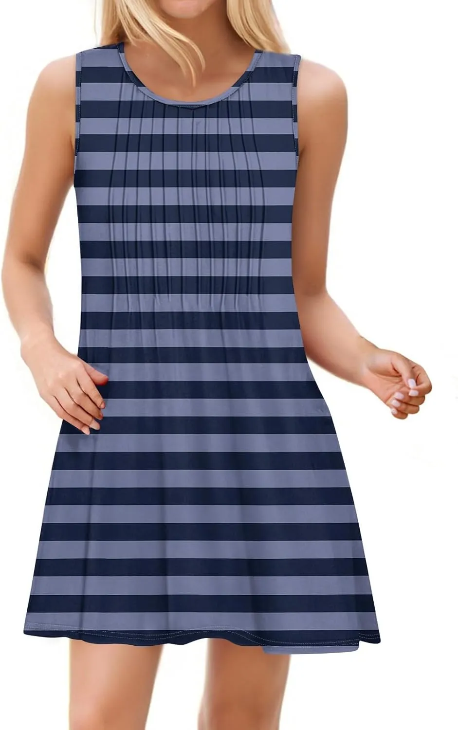 Yesunpxs Women Summer Dresses Loose Crew Neck Dress Casual Print Pleated Tank Dress Beach Sleeveless Sundresses with Pockets