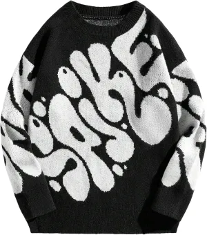ZAFUL Men's Oversized Sweater Long Sleeve Crewneck Y2K Graphic Color Block Casual Knitted Pullover Sweater