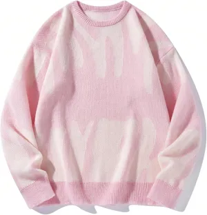 ZAFUL Men's Oversized Sweater Long Sleeve Crewneck Y2K Graphic Color Block Casual Knitted Pullover Sweater