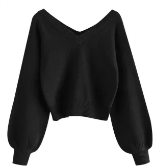 ZAFUL Women's Cropped Sweater V-Neck Long Sleeve Crop Sweater Pullover Jumper Knit Top