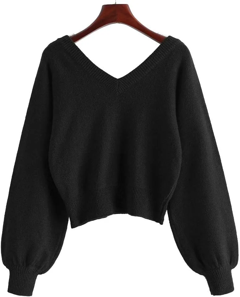 ZAFUL Women's Cropped Sweater V-Neck Long Sleeve Crop Sweater Pullover Jumper Knit Top