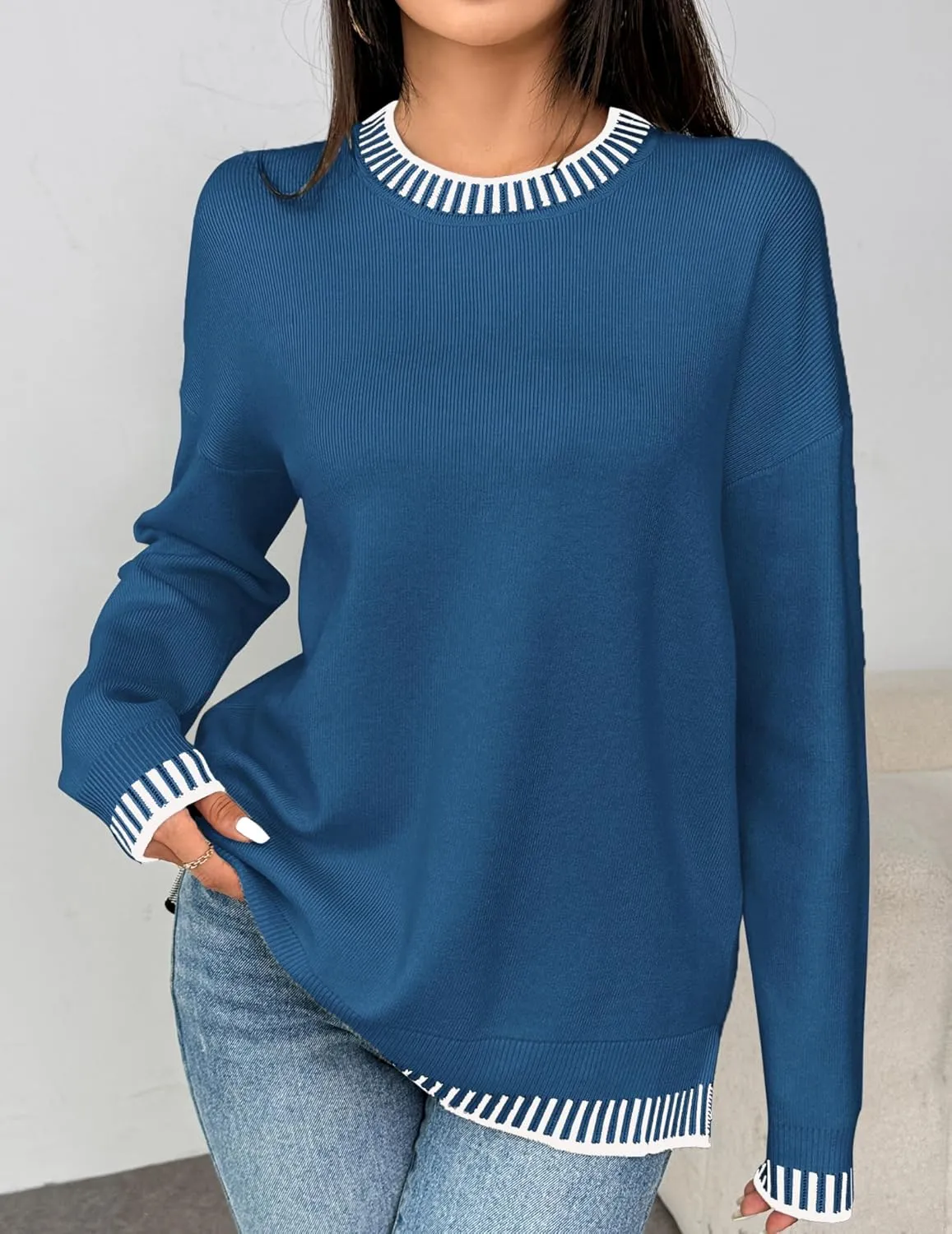 Zeagoo Womens Crewneck Pullover Sweater Long Sleeve Knit Side Slit 2024 Fall Winter Sweater Tops