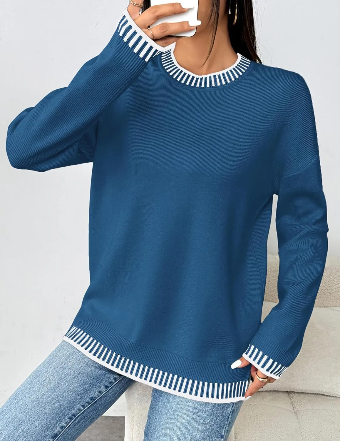 Zeagoo Womens Crewneck Pullover Sweater Long Sleeve Knit Side Slit 2024 Fall Winter Sweater Tops